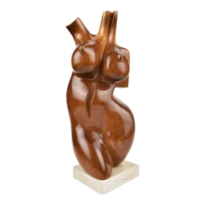 Mid 20th Century Wood Carved Nude Female Torso Sculpture on Stone Base by Amalina