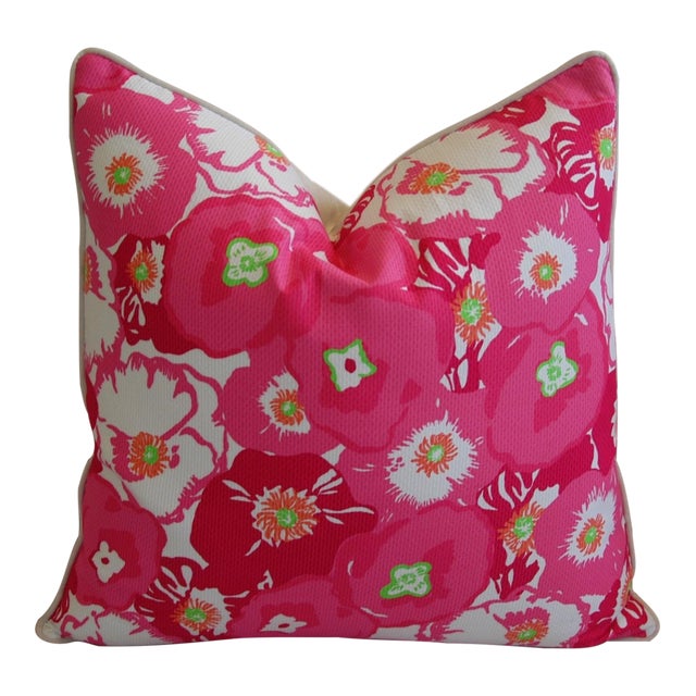 Early 21st Century Bright Boho Chic Style Pink Begonia Blossom Feather/Down Pillow 24" Square For Sale - Image 5 of 5