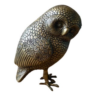 Heavy Brass Owl Burrowing Ground Bird Etched Statue For Sale