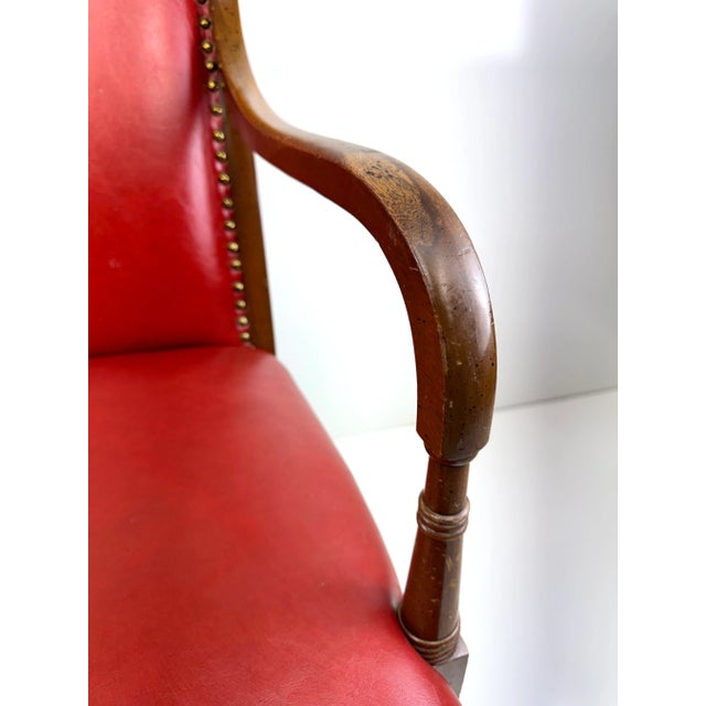 Wood Mid 20th Century Red Leather Armchair With Curved Wood Arms and Brass Nailhead Trim For Sale - Image 7 of 12