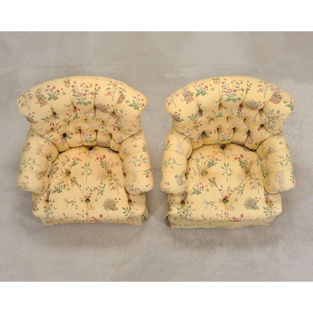 Late 20th Century Pair of Tufted Lounge Chairs + Ottoman in Butter Print Fabric For Sale - Image 5 of 18