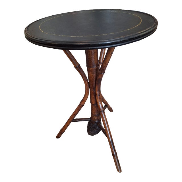 Vintage Victorian Bamboo Round Side Table With Leather Top For Sale