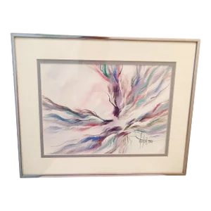 Vintage 1980s Rick Rubin Postmodern Abstract Watercolor Painting Art Signed and Framed