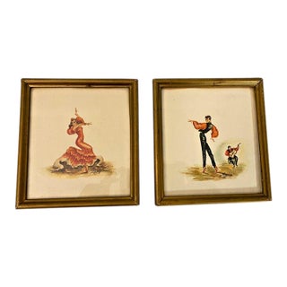Early 20th Century Vintage Original Watercolors Spanish Dancers Gilded Frames a Pair For Sale