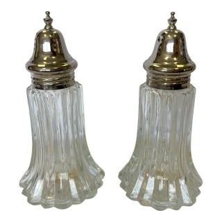Vintage Large Fluted Glass With Silverplate Salt and Pepper Shakers Made in Hong Kong- A Pair For Sale