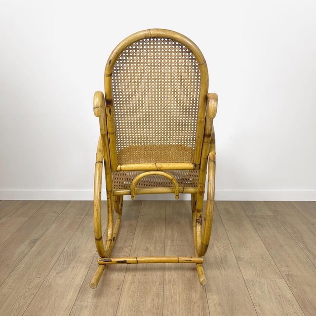 Wood Rattan and Cane Rocking Chair, 1970s For Sale - Image 7 of 10