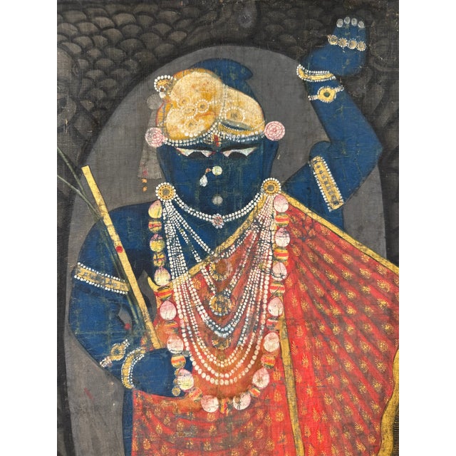 Early 20th Century India Pichhavai Shrinathji Pichhwai Krishna Vishnu Painting Antique Indigo Natural Pigments For Sale - Image 12 of 13