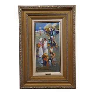 Ventura Diaz Impressionist Fisherman Beach Scene Oil Painting on Board 31" For Sale