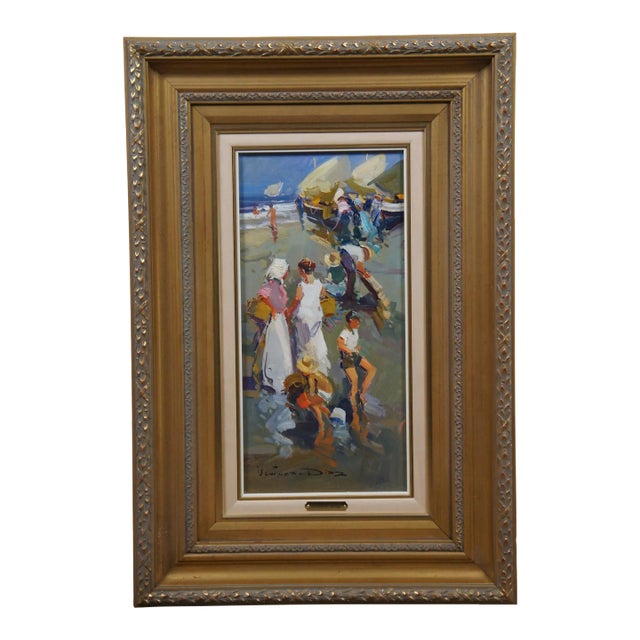 Ventura Diaz Impressionist Fisherman Beach Scene Oil Painting on Board 31" For Sale