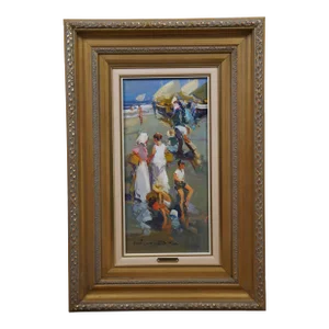 Ventura Diaz Impressionist Fisherman Beach Scene Oil Painting on Board 31"