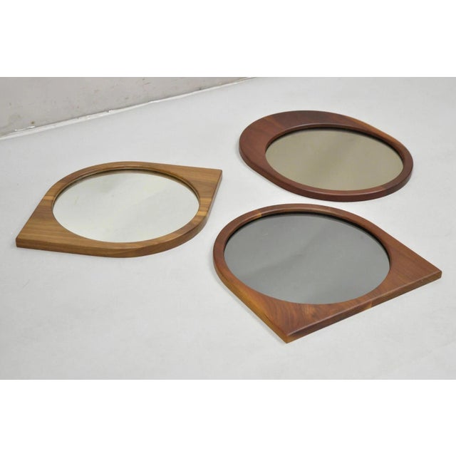 Mid Century Danish Modern Style Sculpted Solid Teak Wood Mirrors - 3 Pc Set For Sale - Image 11 of 12