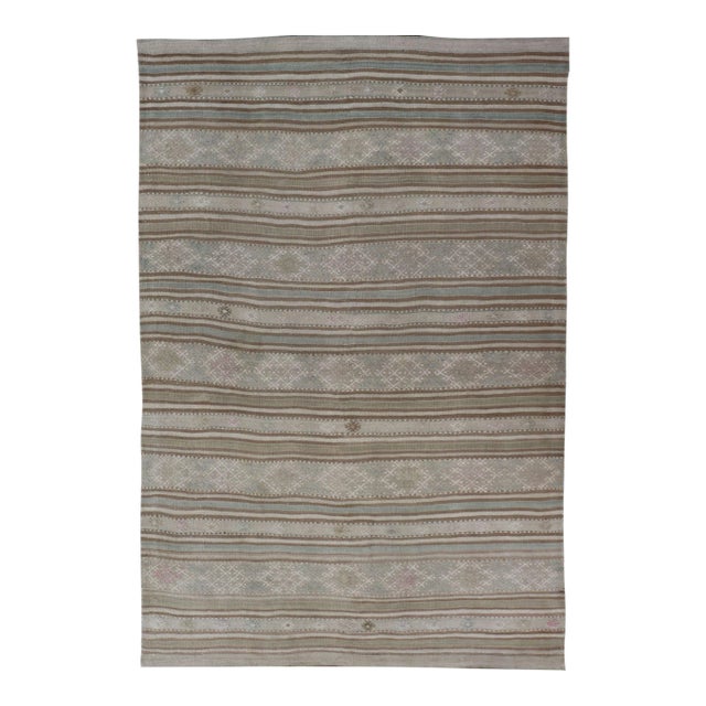 Vintage Turkish Kilim Rug in Soft Taupe, Beige, and Pale Blue Striped Design For Sale