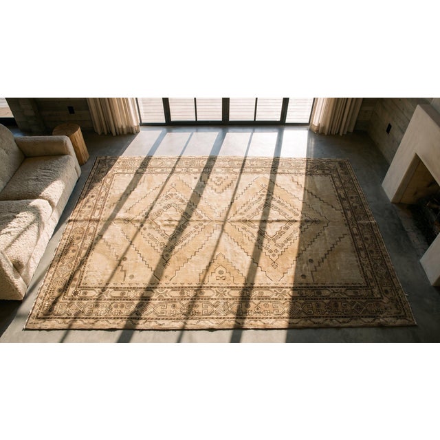 1930s Tan Camel Geometric Antique Central Asian Khotan Rug 6'4" X 12' Knotted Wool Carpet For Sale - Image 9 of 10