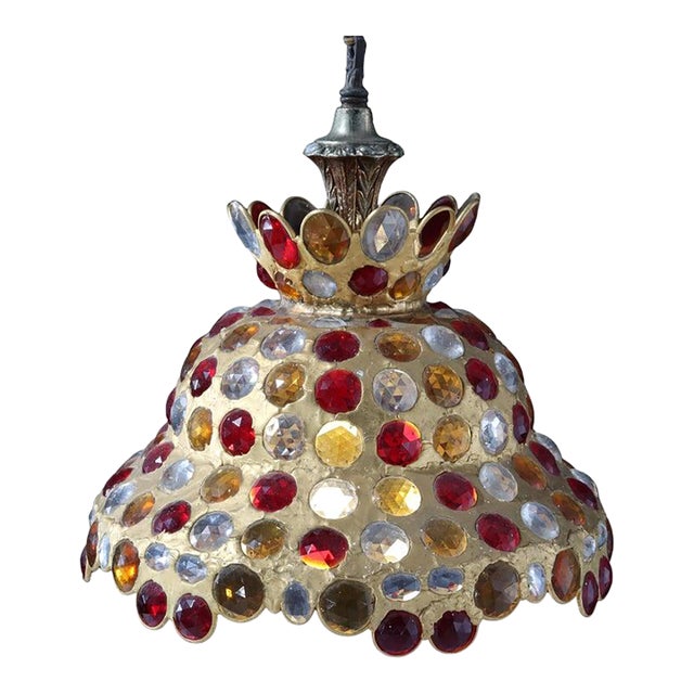 Mid Century Modern Chunk Polychrome Jewel & Gilt Frame Hanging Light For Sale