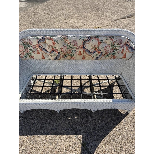 Antique Victorian White Wicker Rattan Sunroom Patio Sofa W/ Loose Cushions For Sale - Image 10 of 18