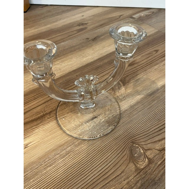 Antique Mid-Century Modern Paden City Lucy Pattern Clear Glass Twin Arm Double Candelabras - Pair For Sale In New York - Image 6 of 10