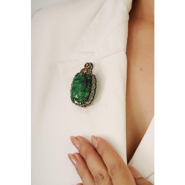 Green Handcrafted Carved 20.85 Ct Emerald Brooch Pendant With Diamond Accents For Sale - Image 8 of 13