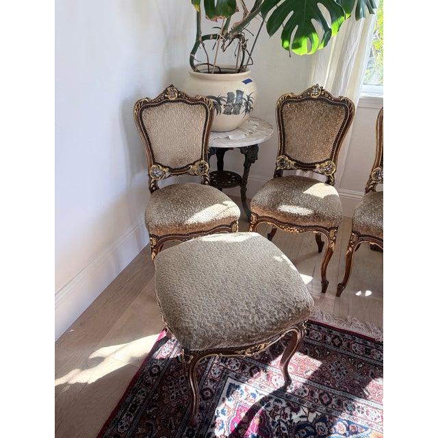 Five Vintage French Louis XV Style Chairs With Matching Stool For Sale - Image 4 of 11