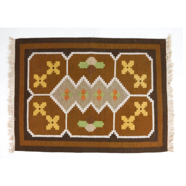 Mid Century Modern Vintage Swedish Handwoven Röllakan Wool Rug | Large 1970’s Scandinavian Geometric Flatweave Carpet For Sale - Image 10 of 11