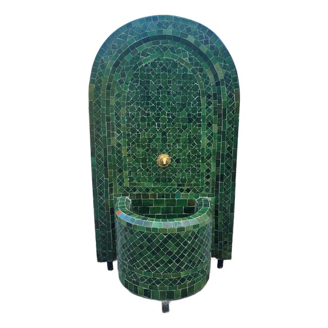 Tamegroute Green Arched Moroccan Mosaic Tile Fountain For Sale