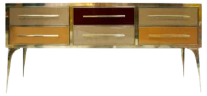 Mid Century Solid Wood and Colored Glass Italian Sideboard