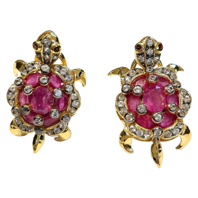 Bochic "Orient" Vintage Ruby & White Topaz Turtle Earrings Set 18K Gold & Silver, A Pair For Sale - Image 15 of 18