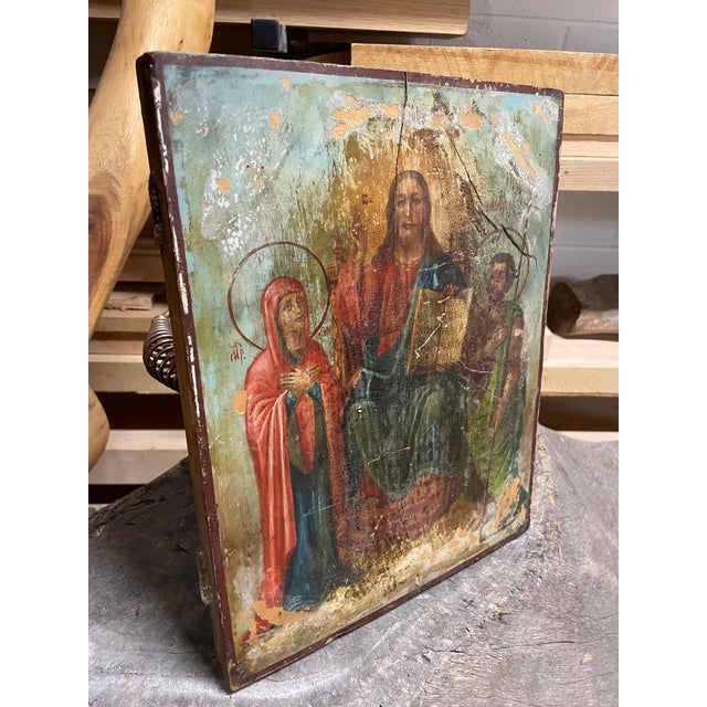 Religious 19th Century St. John the Baptist and Virgin Mary Byzantine Style Painting on Wood Canvas For Sale - Image 3 of 3