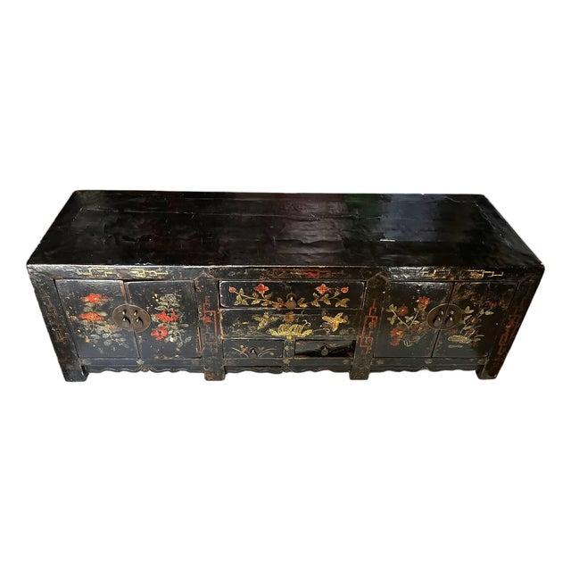Antique Chinese Painted Lacquer Low Cabinet For Sale