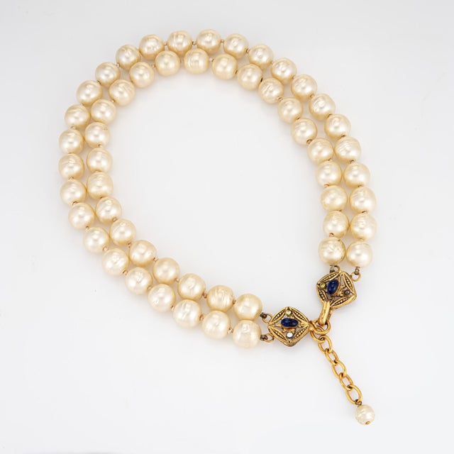 Modern 1995 Vintage Chanel Choker Necklace Double Strand 12mm Faux Pearls Gripoix Clasp For Sale - Image 3 of 4