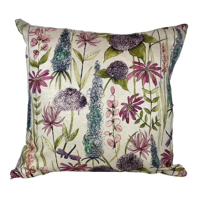 20" Square Decorative Throw Pillow With a Whimsical Pink, Purple & Blue Mid Century Modern Floral Design With a Watercolor-Look - Made in the U K For Sale