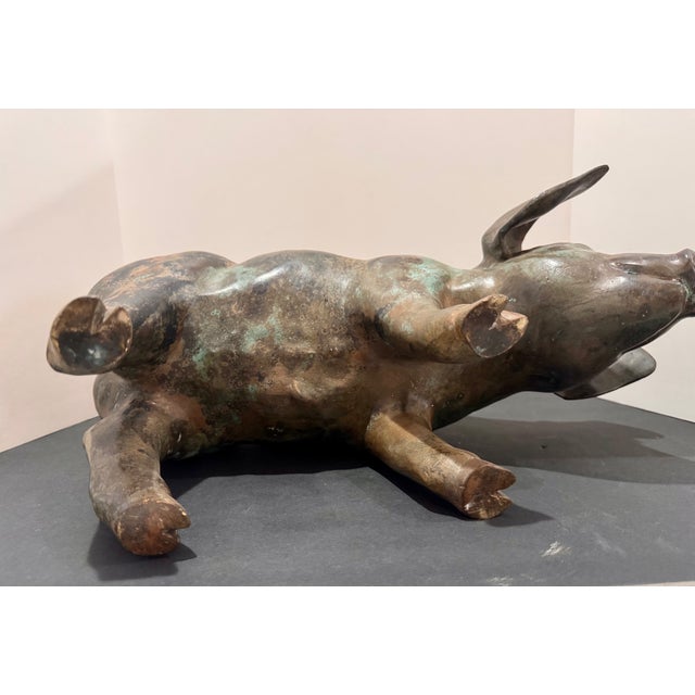 1980s Large Bronze Pig Sculpture Grazing Farm Animal Statue Patina 15.5” Long 12” Tall For Sale - Image 5 of 7