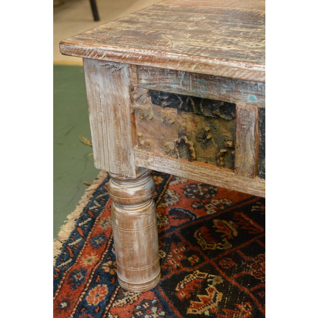 1980s Rustic Carved Panel Tan Wood Coffee Table W/ Aqua / Brown Bleached Indian For Sale - Image 14 of 16