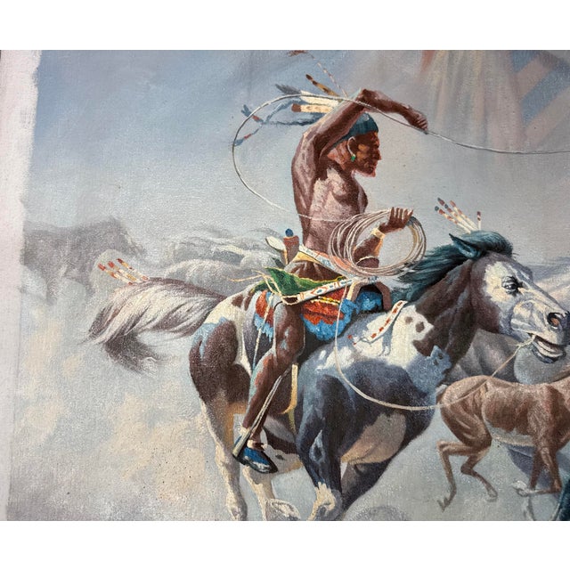 1970s Original Bill Larsen Native American Indian Chief Horse Hunt Oil Painting Canvas For Sale - Image 11 of 13