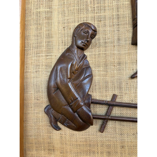 Vintage 1960s Philippine Hand-Carved Teak Folk Dancers Wall Relief on Hessian, 3d Mid-Century Tiki Art For Sale In Orlando - Image 6 of 9