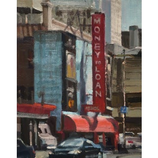 Money to Loan by Jim Beckner | Oil on canvas City street scene with a loan sign and cars. For Sale