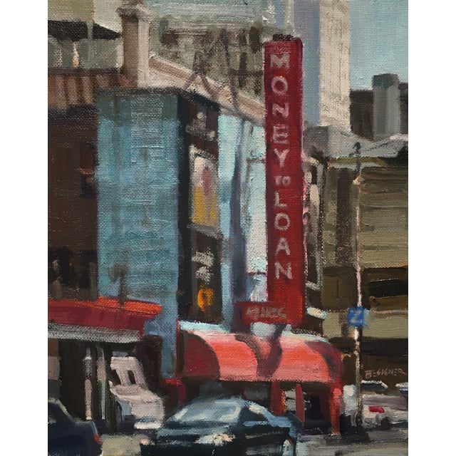 Money to Loan by Jim Beckner | Oil on canvas City street scene with a loan sign and cars. For Sale