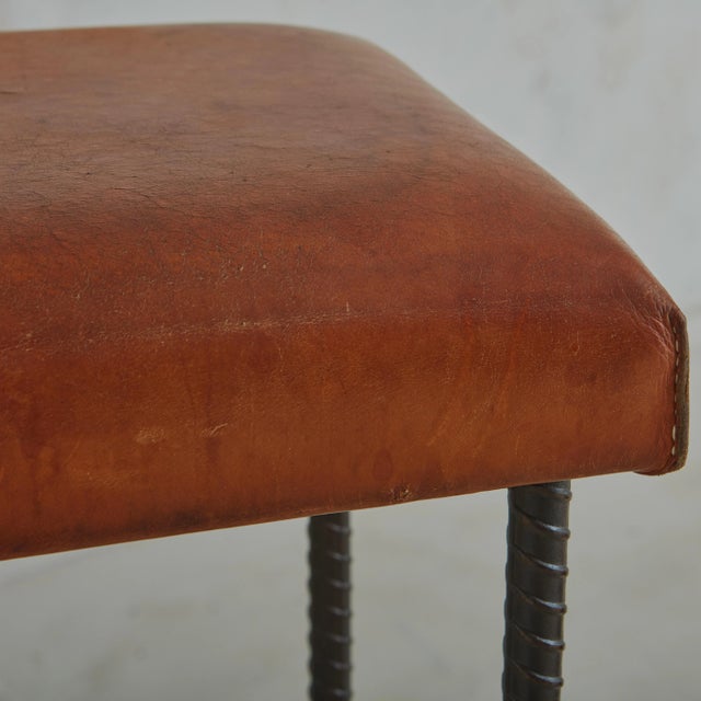 Brutalist Forged Iron + Cognac Leather Stool, France 1960s For Sale - Image 10 of 11