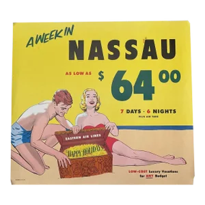 Vintage 1950s Eastern Airlines Nassau Bahamas Holidays Travel Advertising Poster