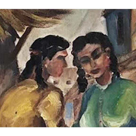 Tribal Vintage Oil Painting Three Peasant Women in Native Dress Having a Conversation For Sale - Image 3 of 4