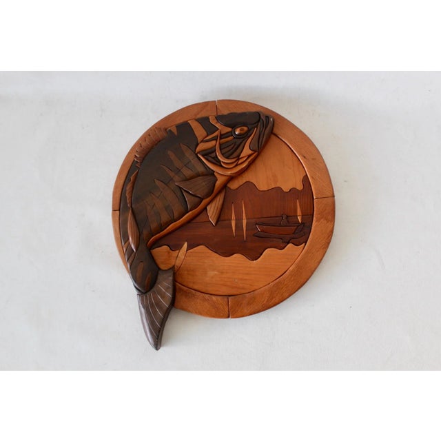 Vintage Intarsia Wood Fish and Lake Scene Wall Art, in very good vintage condition.