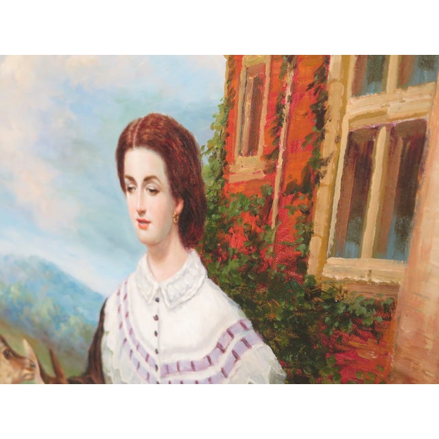 1990s Vintage "Woman Feeding Deer" Framed Oil Painting on Canvas For Sale - Image 4 of 10