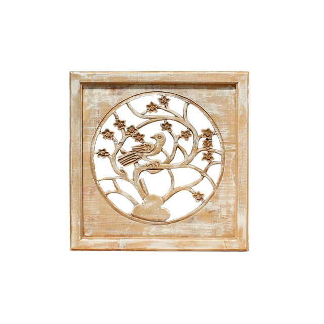 White Off White Wash Lacquer Chinese Birds & Flowers Square Wall Panel For Sale - Image 8 of 8
