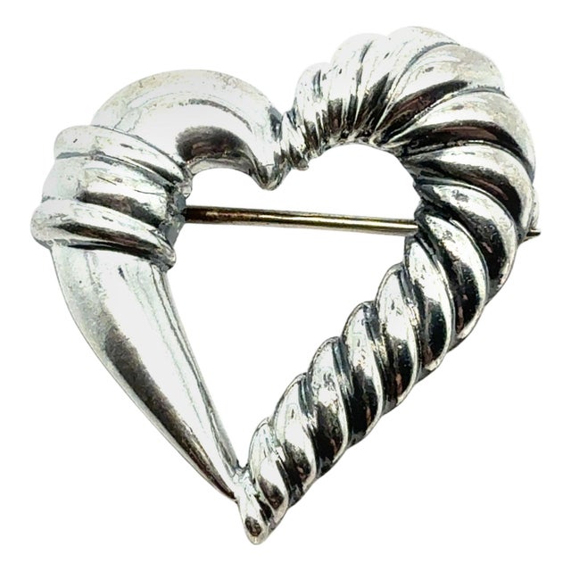 1990s Tiffany & Co Estate Heart Brooch Pin Sterling Silver For Sale