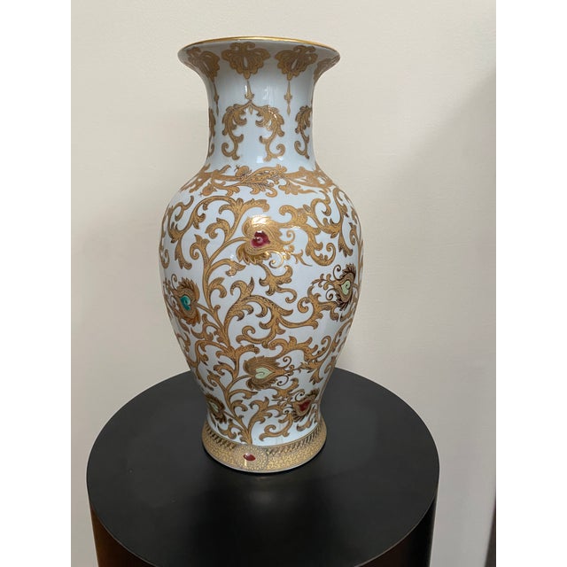 Late 20th Century Vintage Chinese White and Gilt Porcelain Lotus Scroll Vase For Sale - Image 5 of 15