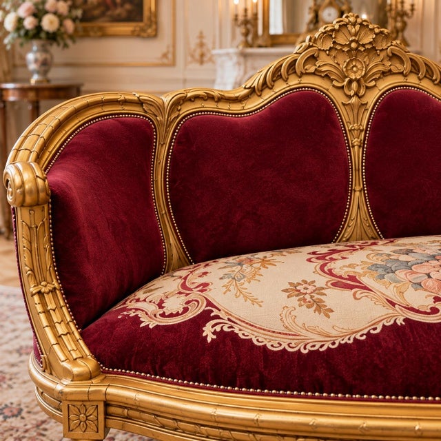1960 Artisan Louis XVI Burgundy Beech Sofa Set-3 Pc For Sale - Image 14 of 16