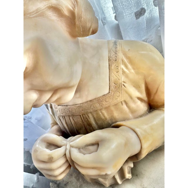 19th Century Italian Alabaster Bust of “The Sewing Girl” on Marble Pedestal, Neoclassical Sculpture For Sale - Image 12 of 12