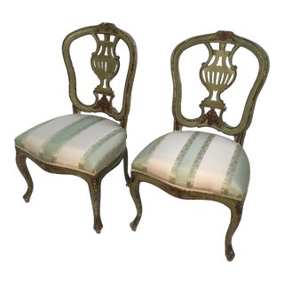 Late 19th Century Vintage Italian Green Painted, Carved and Gilt Louis XV Side Chairs- A Pair For Sale