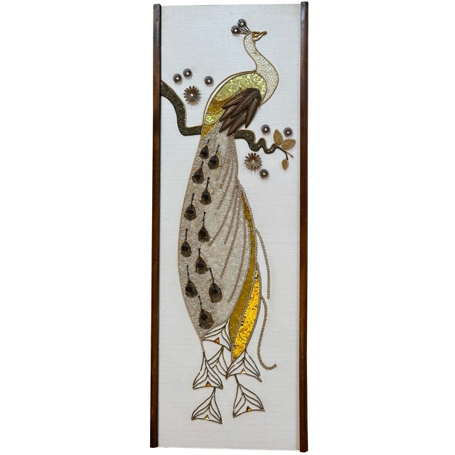 This pair of vintage mid-century, mixed-media wall panels are frankly FABULOUS! Striking peacock and egret, rendered in...