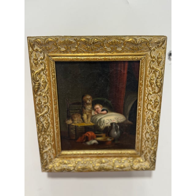 Continental School Interior Scene of a Sleeping Child and Watchful Dog, Oil on Board, Late 19th Century This intimate oil...