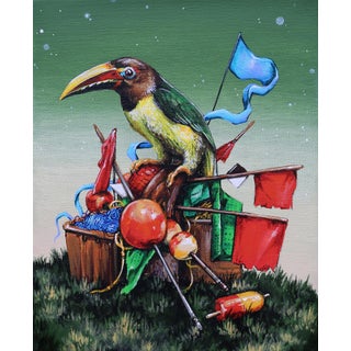 The Trove by Patrick Maxcy | Acrylic on Canvas Bird perched on a colorful collection of objects. For Sale